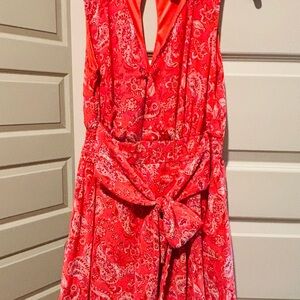 Coral Paisley Sleeveless Romper with Waist Tie
